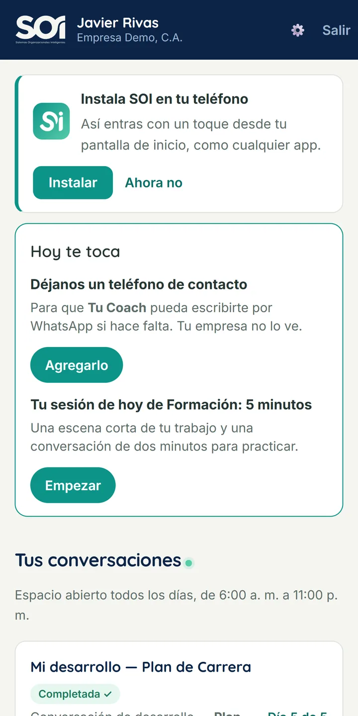 Inicio de la app: «Hoy te toca», con la sesión de Formación del día y el botón Empezar.
